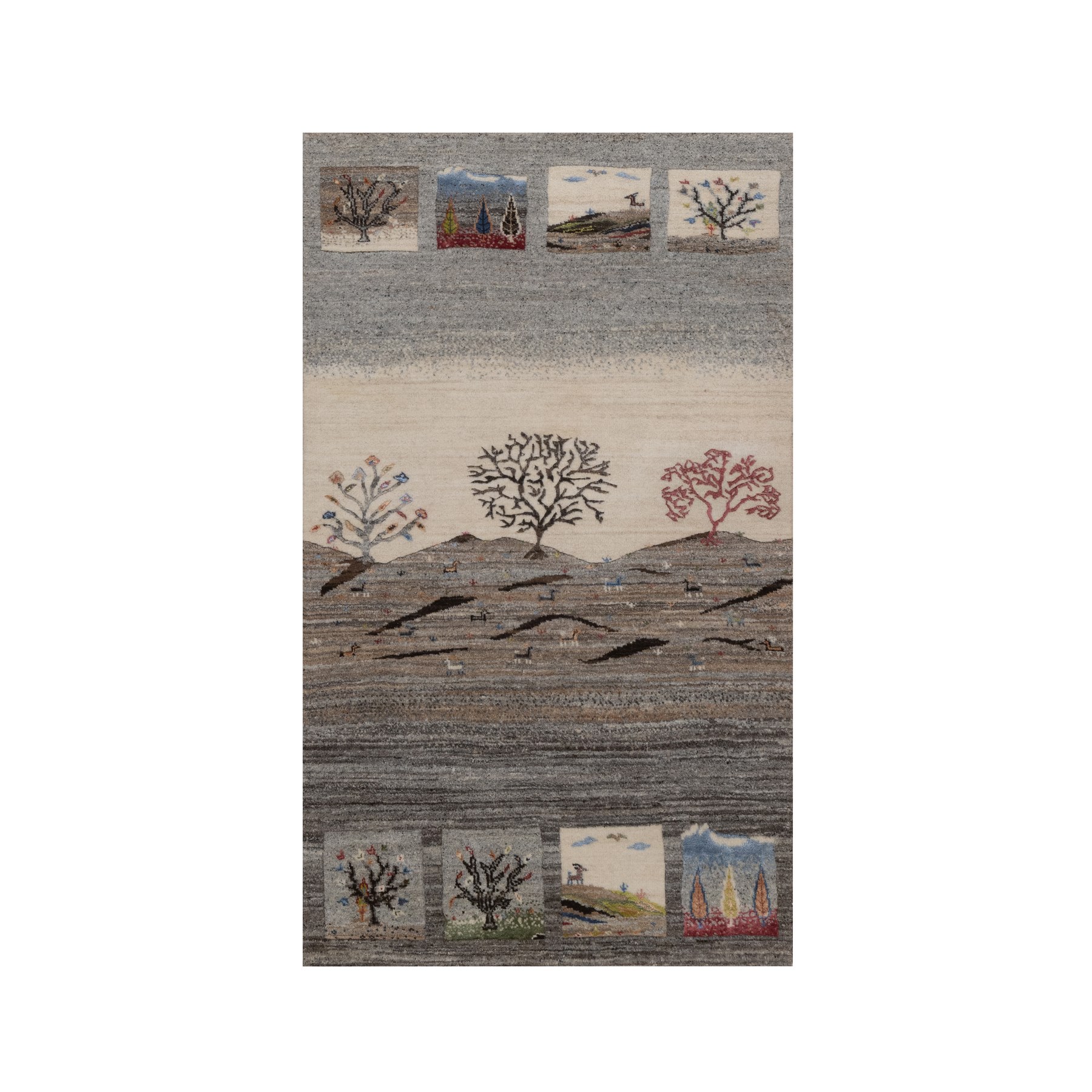 Dove Gray, Modern, Lori Buft Gabbeh with Pictorial Design, Small Animal Figurines, Soft Pile, Thick and Plush, Pure Wool, Hand Knotted, Oriental Rug